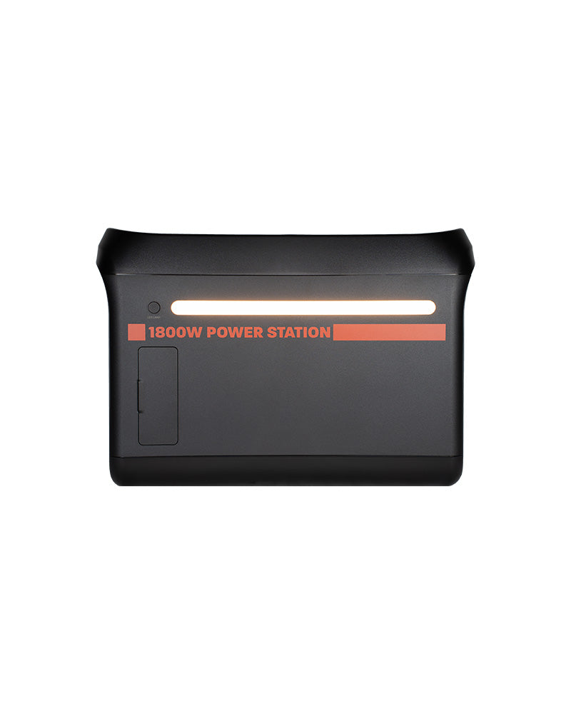 Front of 1800W portable power station with light on.