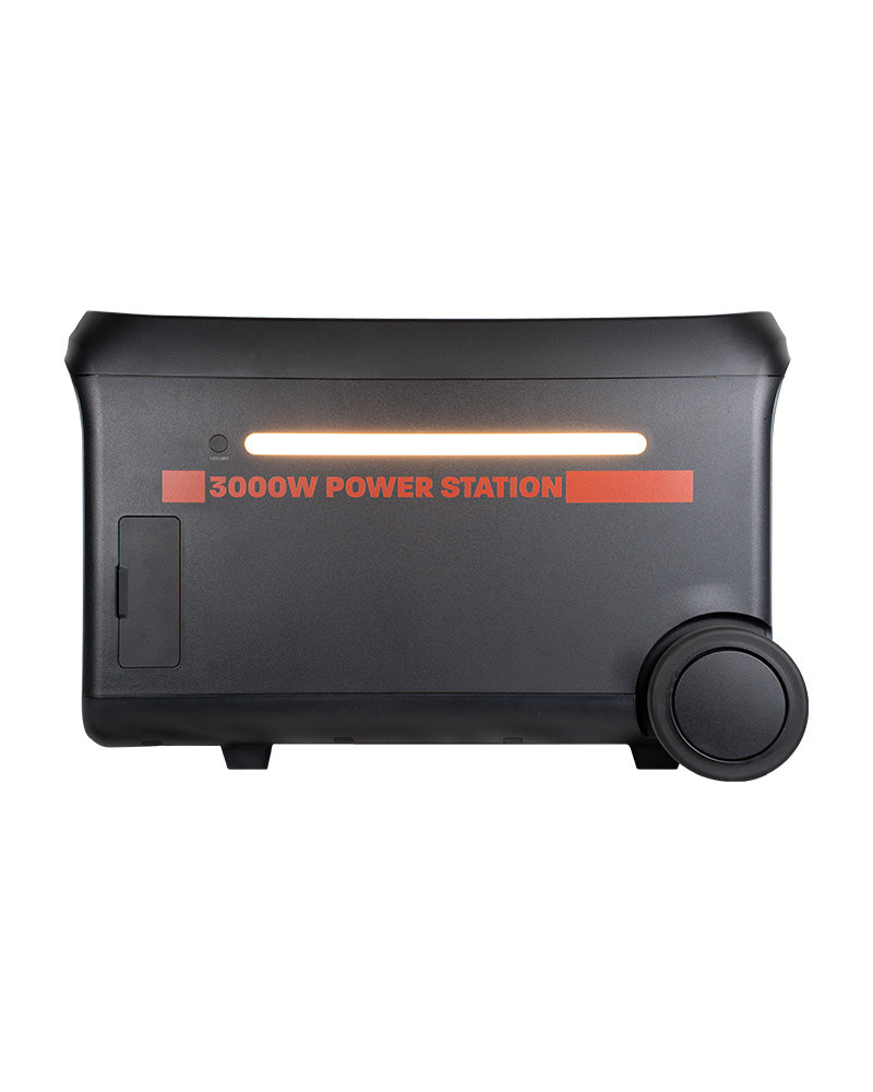 Front of 3000W portable power station with light on.