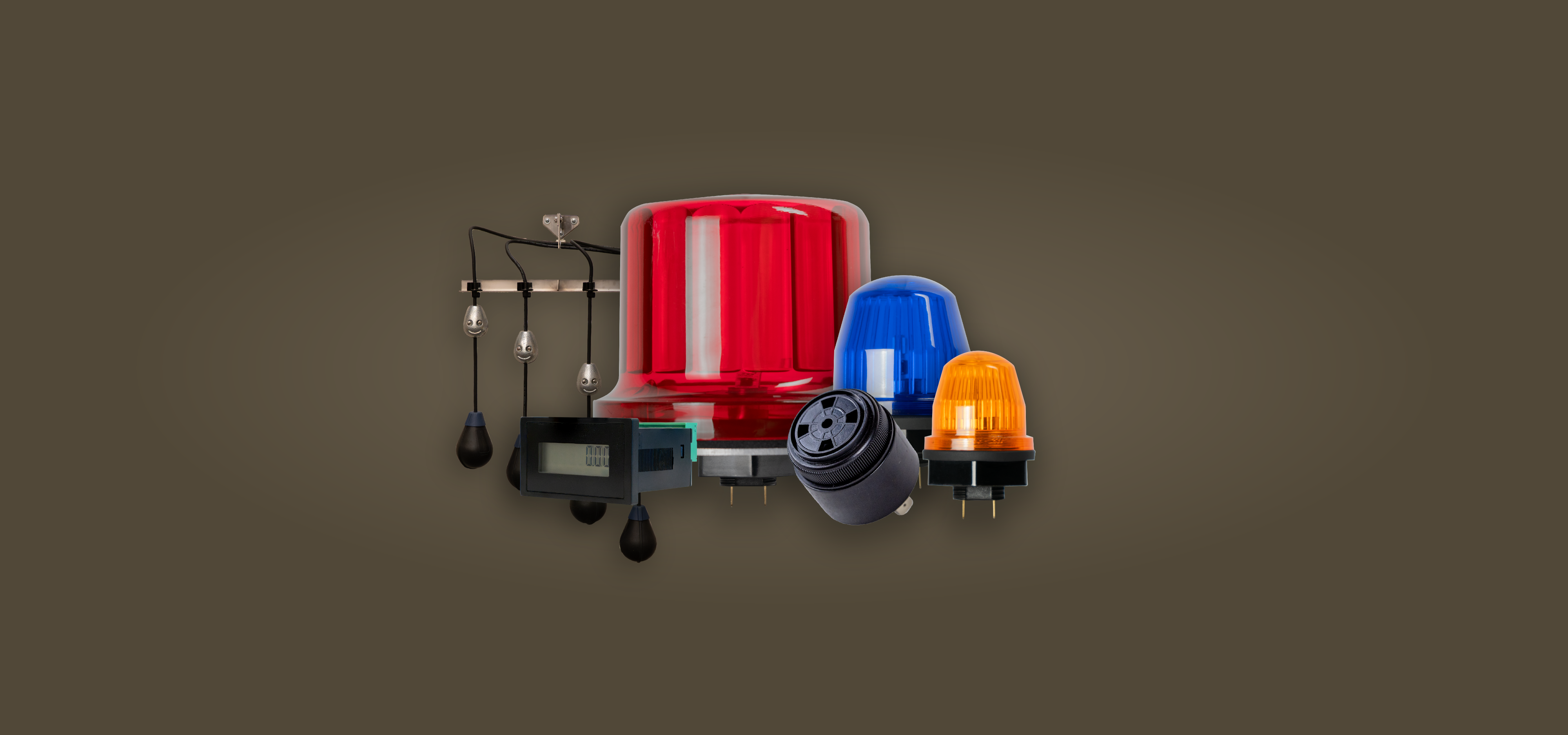 Set of large red beacon, medium blue beacon, small orange beacon, audible alarm buzzer, float bracket, and counter grouped together.