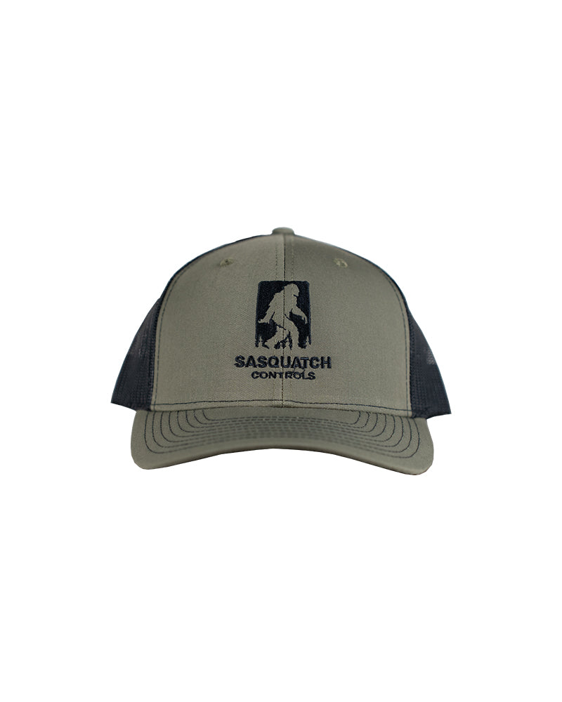 Front of green Sasquatch Controls embroidered trucker hat.