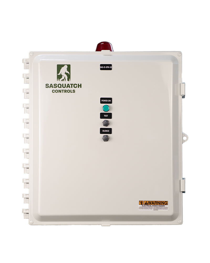 Front view of a closed Sasquatch Controls Three Phase Duplex Control Panel.
