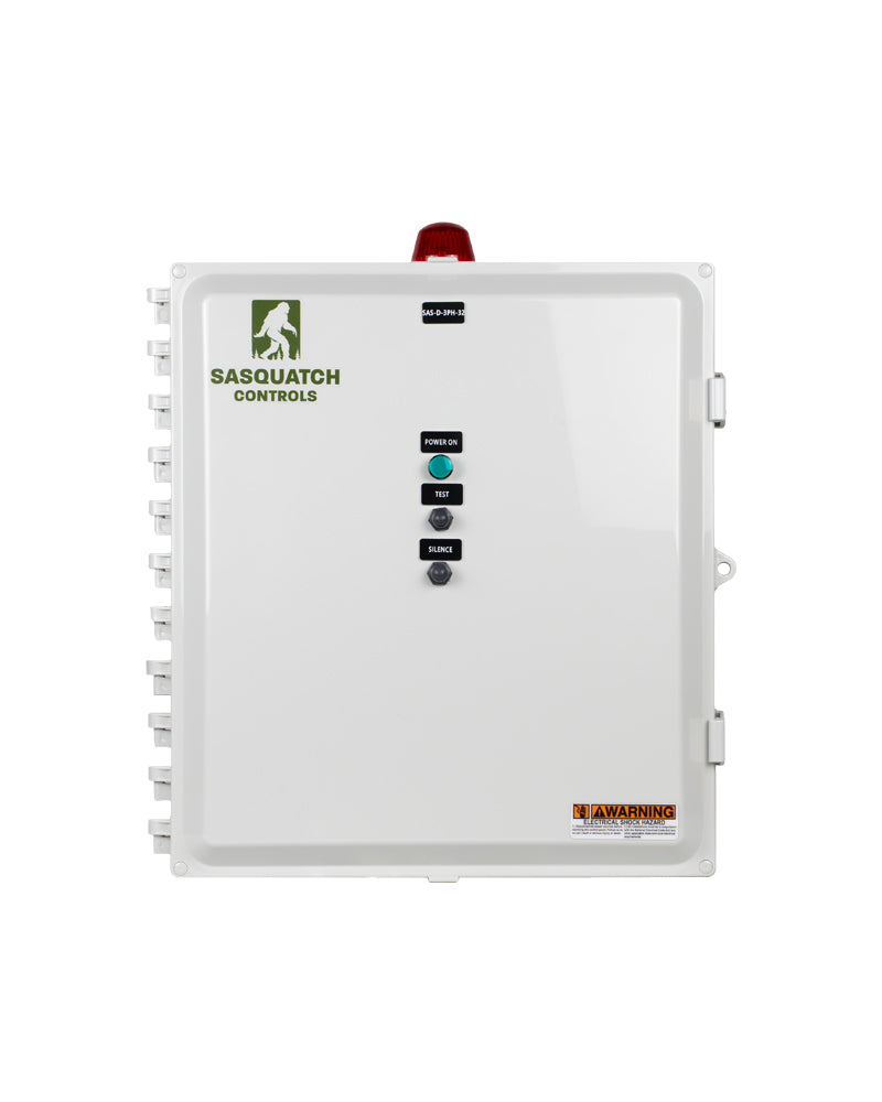 Front view of a closed Sasquatch Controls Three Phase Duplex Control Panel.