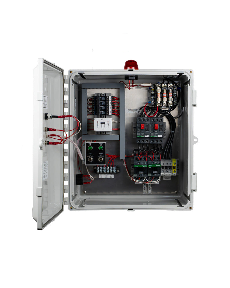 Inside view of Sasquatch Controls Three Phase Duplex control panel.