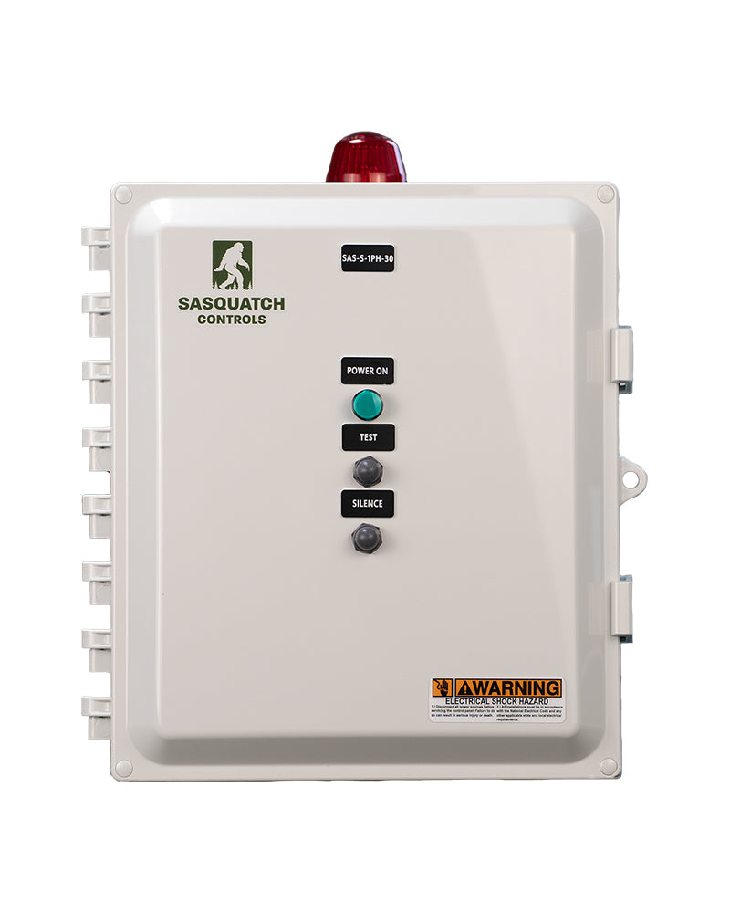 Front view of Sasquatch Controls Single Phase Simplex control panel.