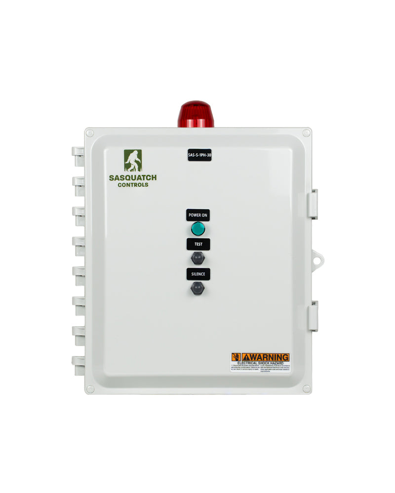 Front view of Sasquatch Controls Single Phase Simplex control panel.