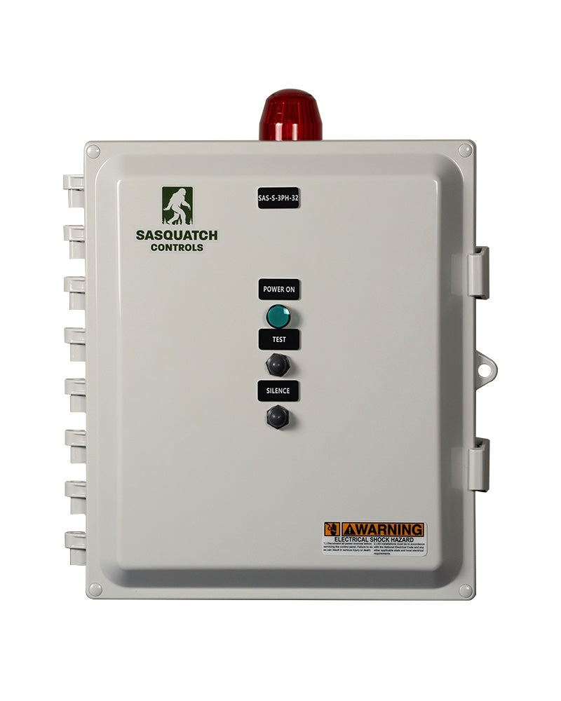 Front view of Sasquatch Controls Three Phase Simplex control panel.