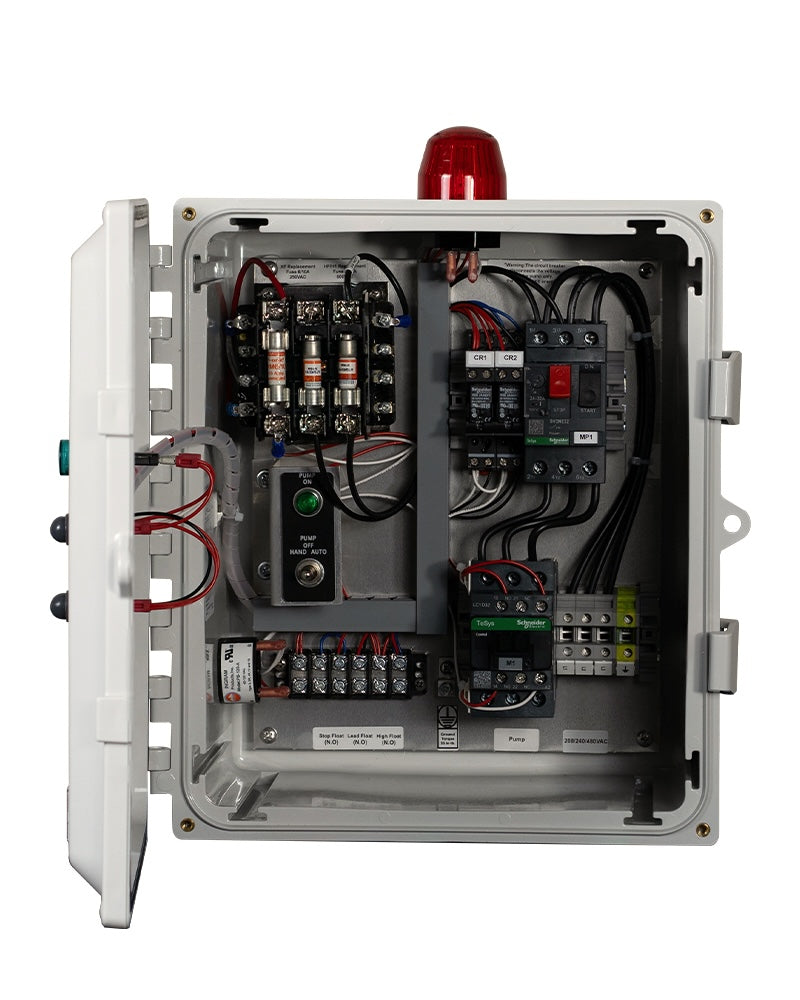 Inside view of Sasquatch Controls Three Phase Simplex control panel.