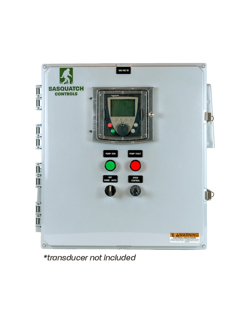 Closed Sasquatch Controls VFD Constant Pressure control panel with VFD controller, indicator lights, and switches.