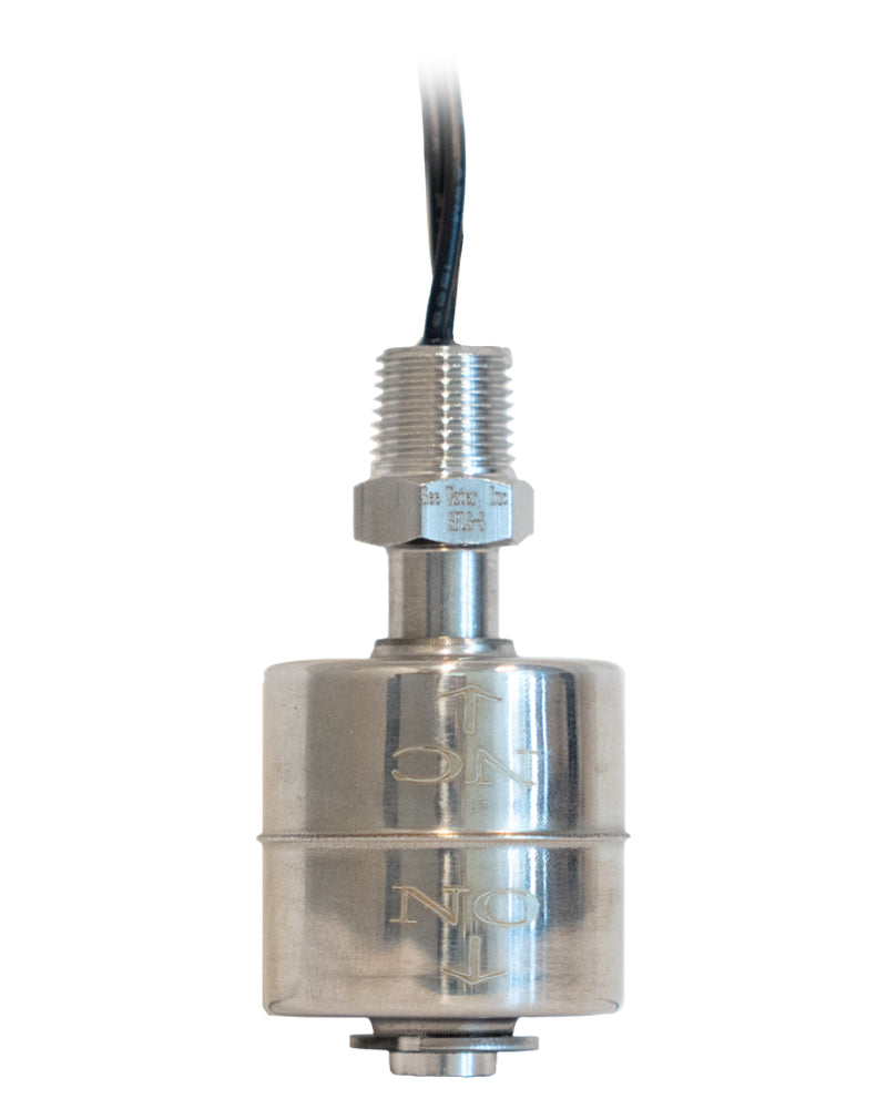 See Water Sensor Pro Level Switch SPLS-S with a white plastic housing, a black cable at the top, and a stainless steel contact at the bottom, shown on a plain white background.