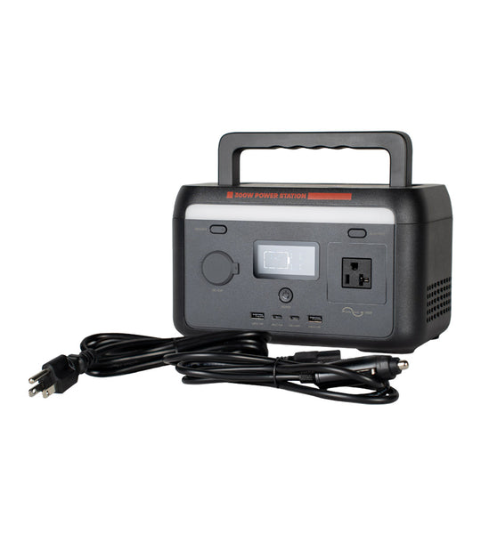 Sasquatch 300W Portable Power Station - Front Angle with Cords, Handle Up, Screen On