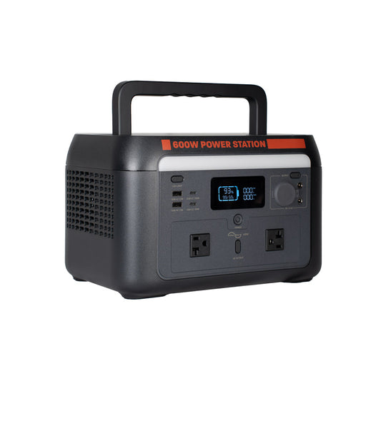 Sasquatch 600W Portable Power Station - Front Angle, Handle Up, Screen On