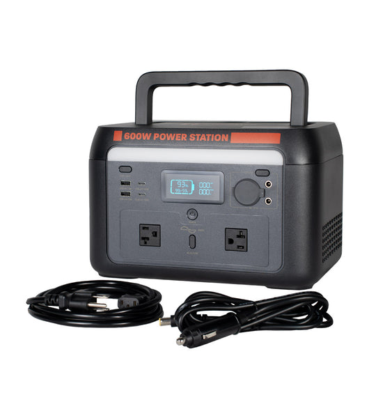 Sasquatch 600W Portable Power Station - Front Angle with Cords, Screen On