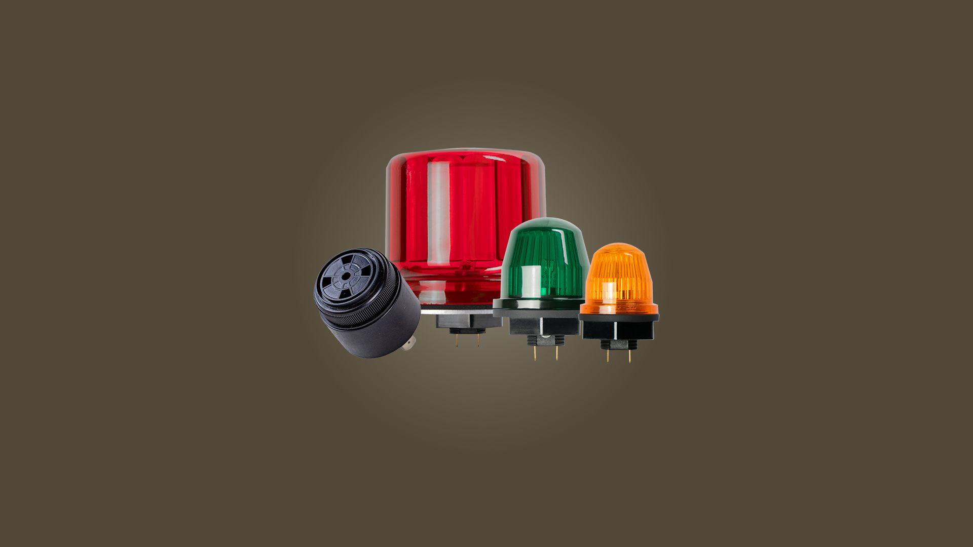 Sasquatch Controls beacon dome lights and audible alarm buzzer on brown background. 