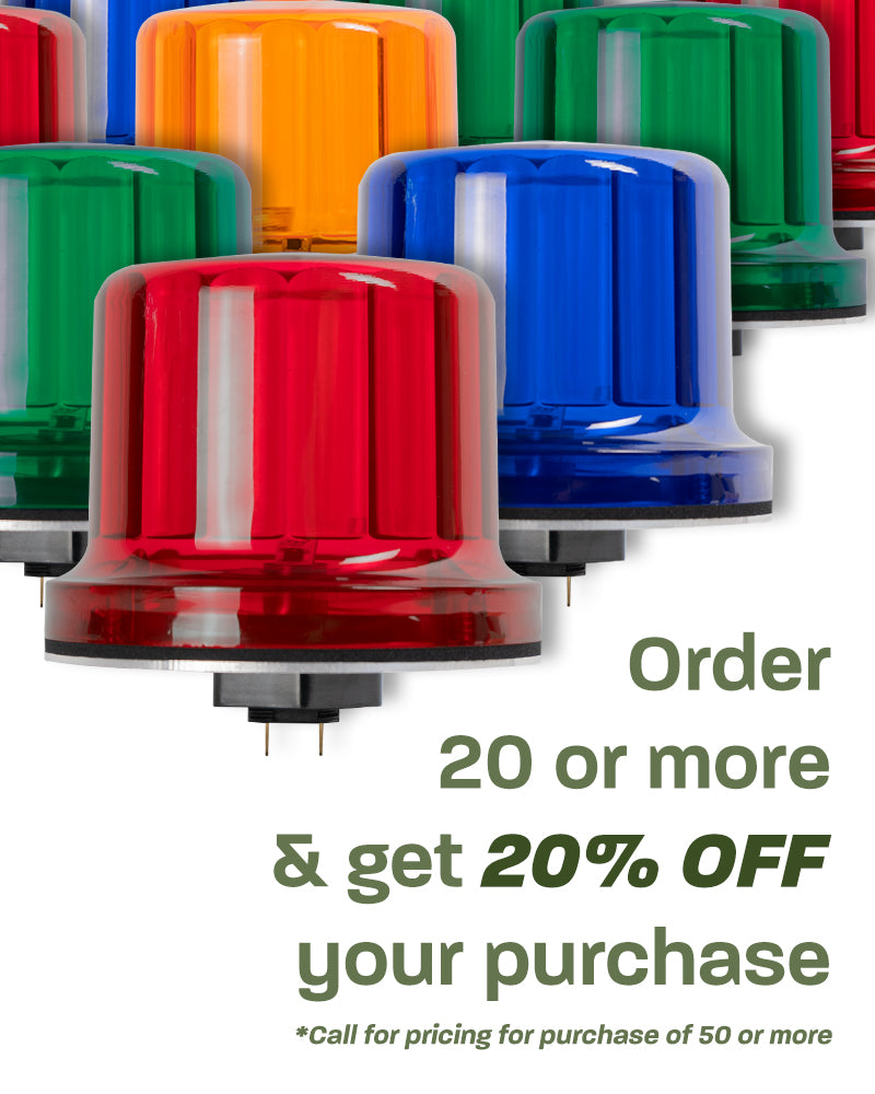 Multiple large Sasquatch Controls  Beacon Dome Lights lined up in triangle formation. Text reading "Order 20 or more and get 20% off your purchase (Call for pricing for purchase of 50 or more)."