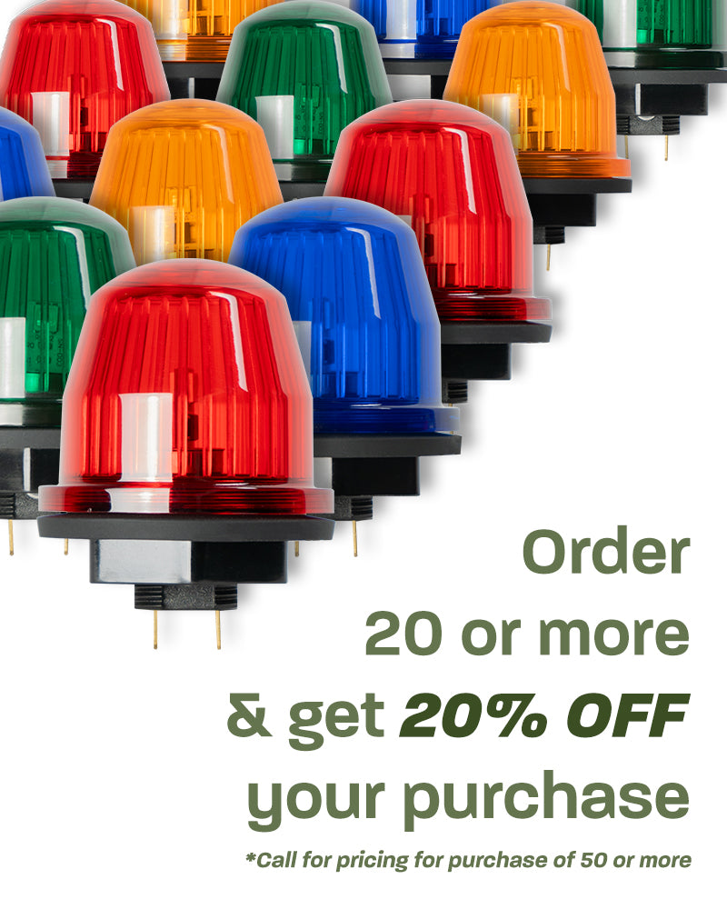 Multiple medium Sasquatch Controls Beacon Dome Lights lined up in triangle formation. Text reading "Order 20 or more and get 20% off your purchase (Call for pricing for purchase of 50 or more)."