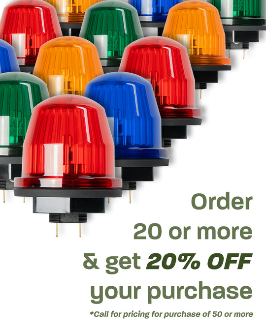 Multiple medium Sasquatch Controls Beacon Dome Lights lined up in triangle formation. Text reading "Order 20 or more and get 20% off your purchase (Call for pricing for purchase of 50 or more)."