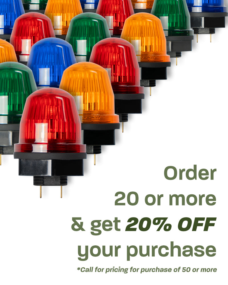 Multiple beacon dome lights lined up in triangle formation. Text reading "Order 20 or more and get 20% off your purchase (Call for pricing for purchase of 50 or more)."
