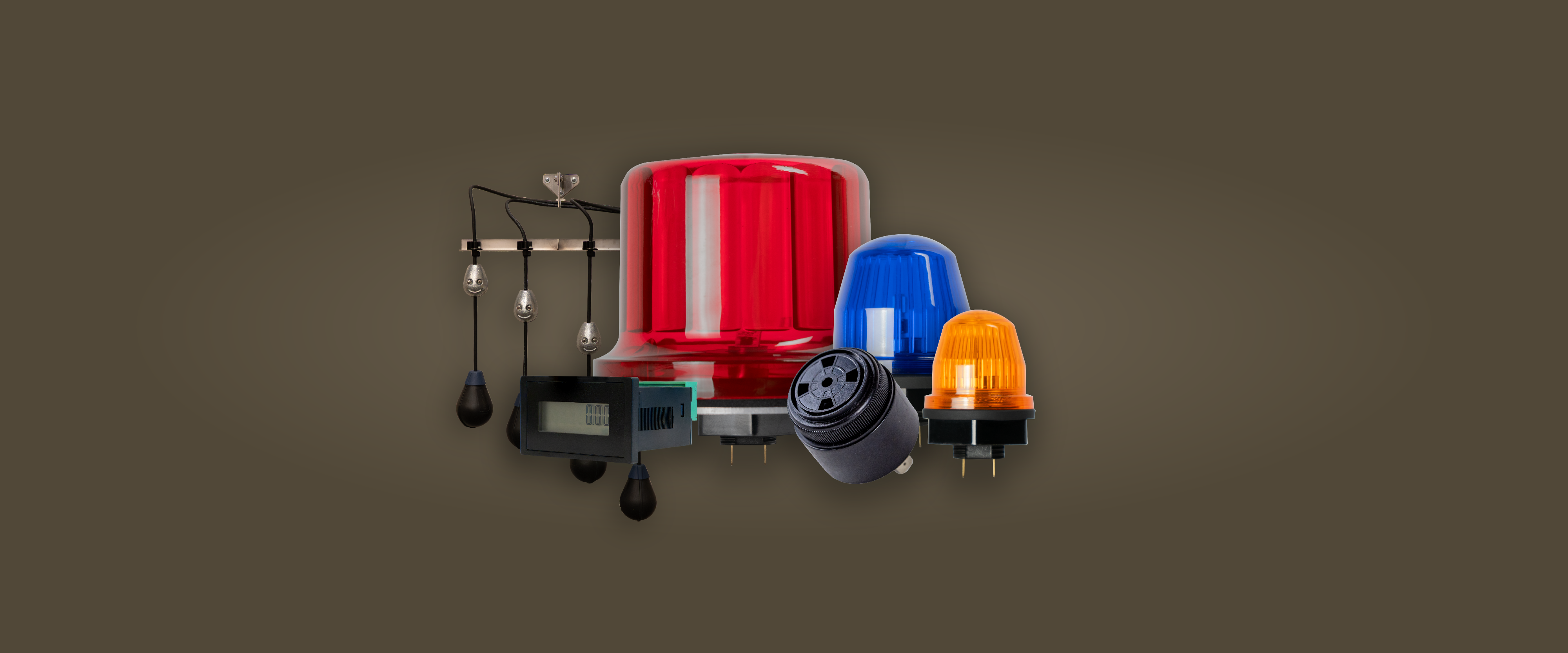 Set of large red beacon, medium blue beacon, small orange beacon, audible alarm buzzer, float bracket, and counter grouped together.