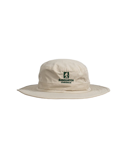 Front of cream Sasquatch Controls embroidered bucket hat.