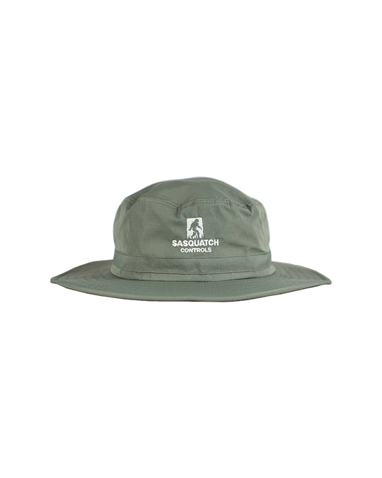 Front of green Sasquatch Controls embroidered bucket hat.