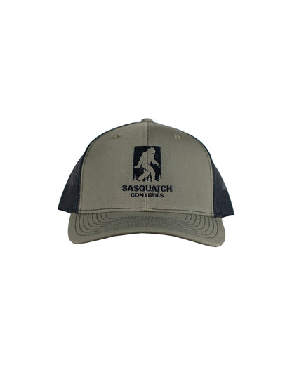 Front of green Sasquatch Controls embroidered trucker hat. 