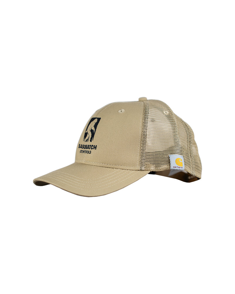 Side angle of khaki Sasquatch Controls embroidered trucker hat.