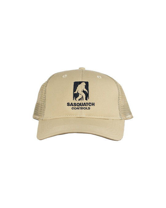 Front of khaki Sasquatch Controls embroidered trucker hat. 