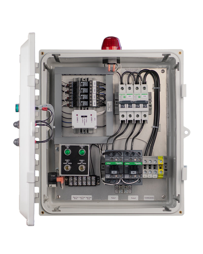 Inside view of Sasquatch Controls Single Phase Duplex control panel.
