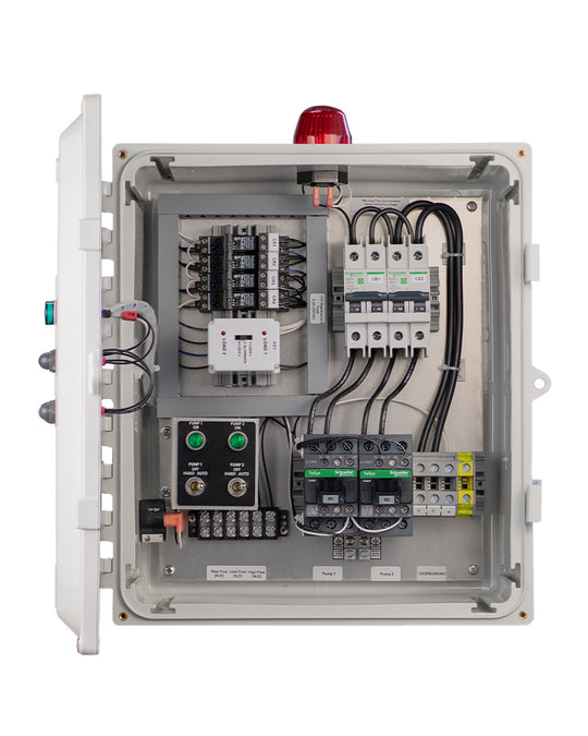 Inside view of Sasquatch Controls Single Phase Duplex control panel.