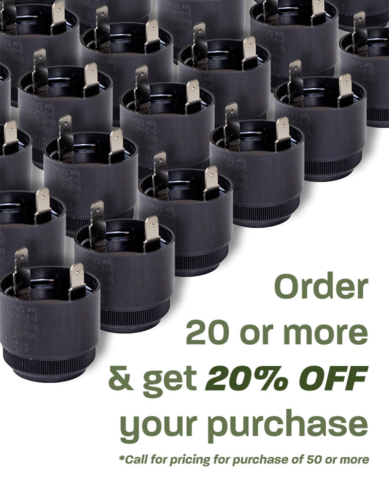 Multiple Sasquatch Controls Audilbe Alarm Buzzers lined up in triangle formation. Text reading "Order 20 or more and get 20% off your purchase (Call for pricing for purchase of 50 or more)."