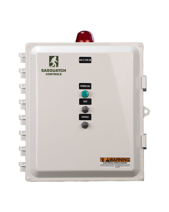 Front view of Sasquatch Controls Single Phase Simplex control panel. 