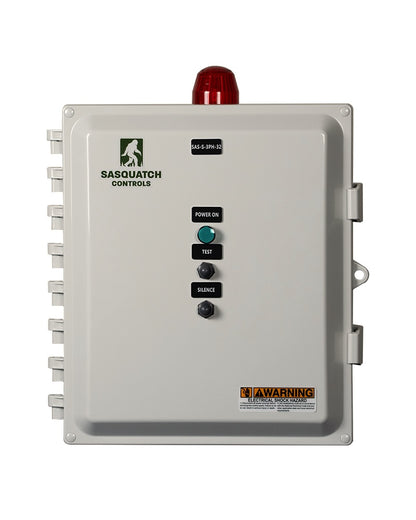 Front view of Sasquatch Controls Three Phase Simplex control panel.