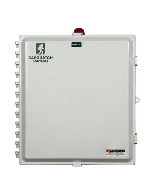 Front view of Sasquatch Controls Three Phase Duplex Smart Relay control panel.