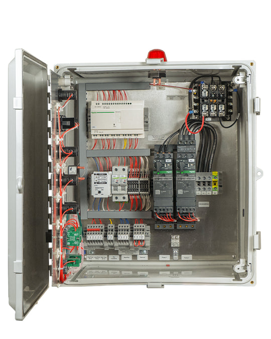 Inside view of Sasquatch Controls Three Phase Duplex Smart Relay control panel.