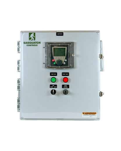 Closed Sasquatch Controls VFD Constant Pressure control panel with VFD controller, indicator lights, and switches. 