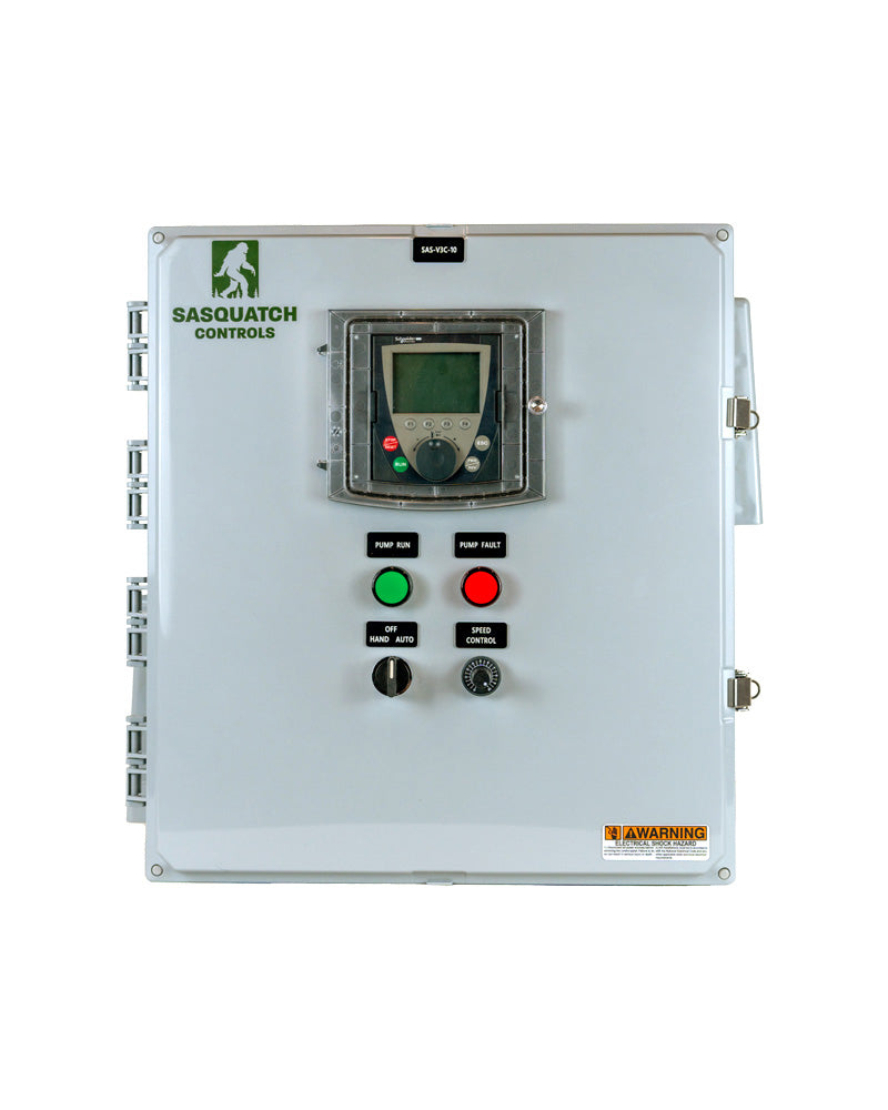Closed Sasquatch Controls VFD Constant Pressure control panel with VFD controller, indicator lights, and switches. 