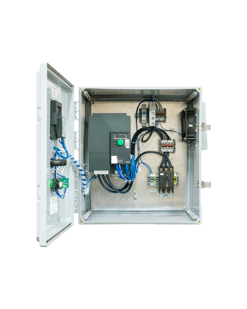 Open Sasquatch Controls VFD Constant Pressure control panel showing backplate and components.