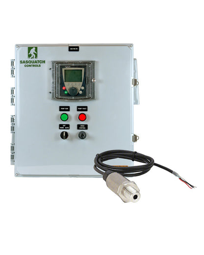 Closed Sasquatch Controls VFD Constant Pressure control panel with VFD controller with inline pressure transducer.