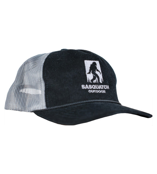 side of Sasquatch Outdoor corduroy embroidered logo hat in black