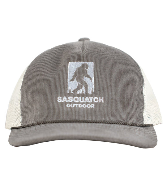 front of Sasquatch Outdoor corduroy embroidered logo hat in brown