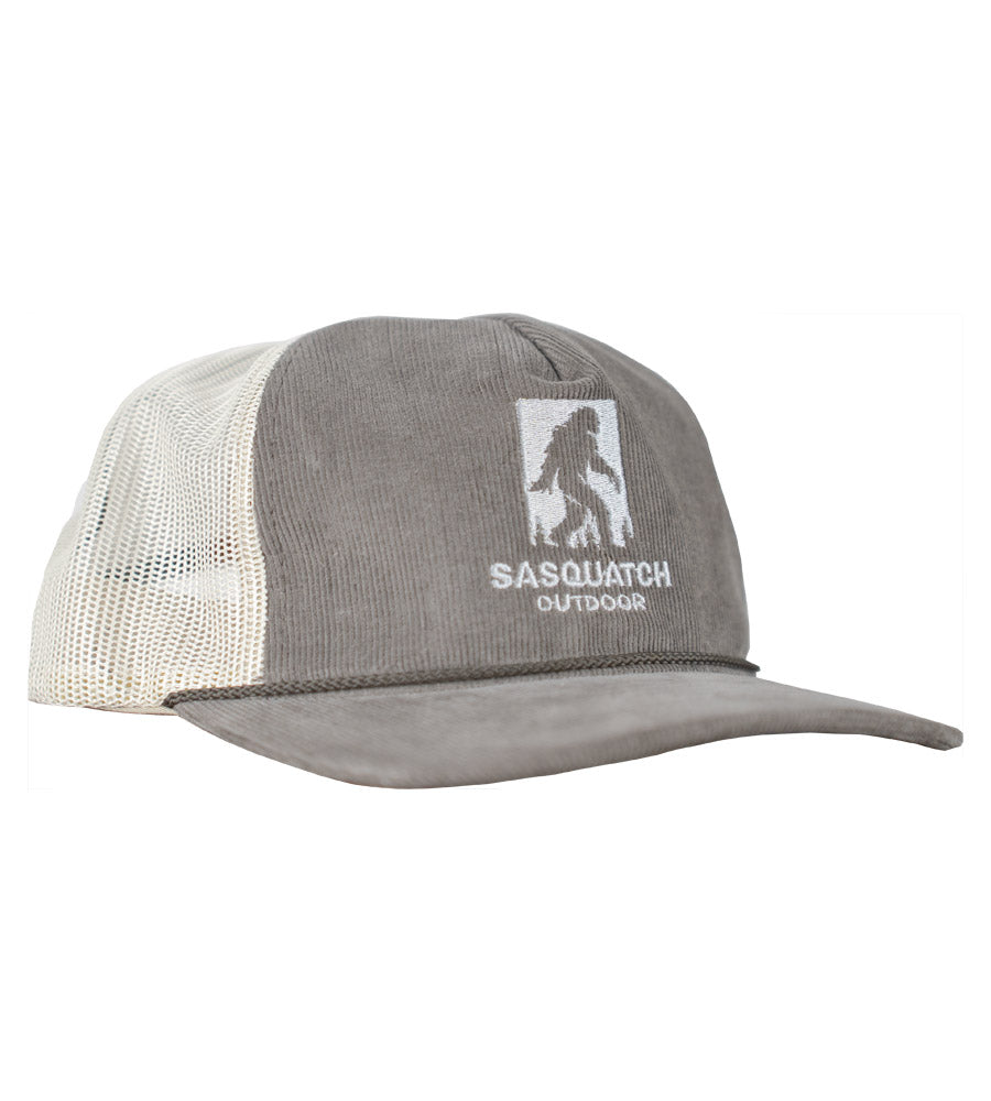 side of Sasquatch Outdoor corduroy embroidered logo hat in brown