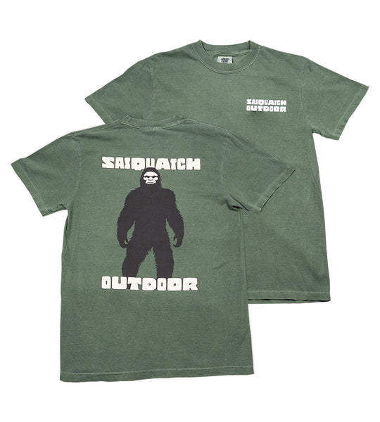 Front and back flat lay of Sasquatch Outdoor Silhouette shirt in moss