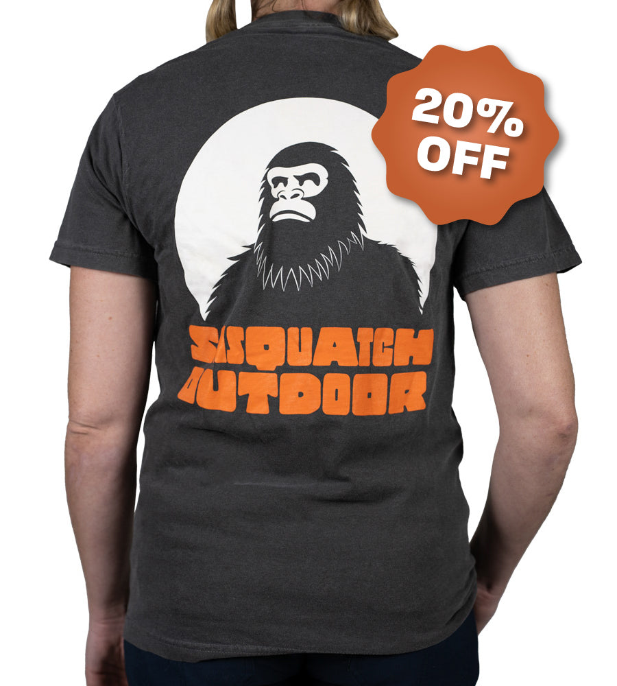 Back of woman wearing Sasquatch Outdoor Horizon shirt in pepper - 20% Off