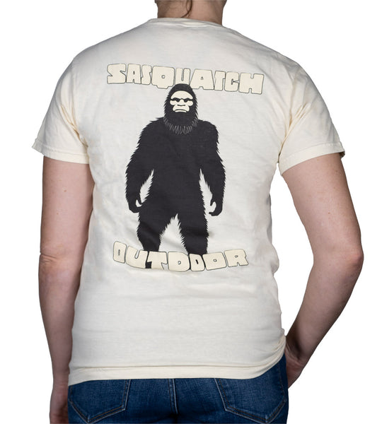 Back of woman wearing Sasquatch Outdoor Silhouette shirt in ivory