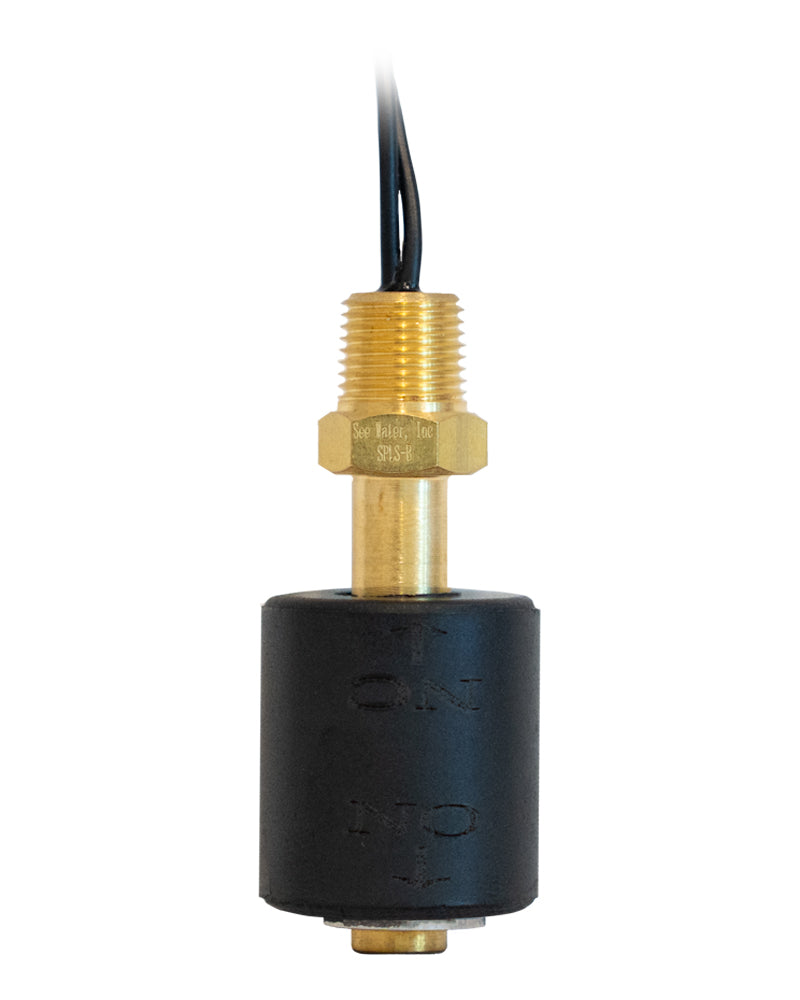 See Water Sensor Pro Level Switch SPLS-B  with a white rectangular housing, blue printed text, a black cable, brass connector, and black float on a white background.